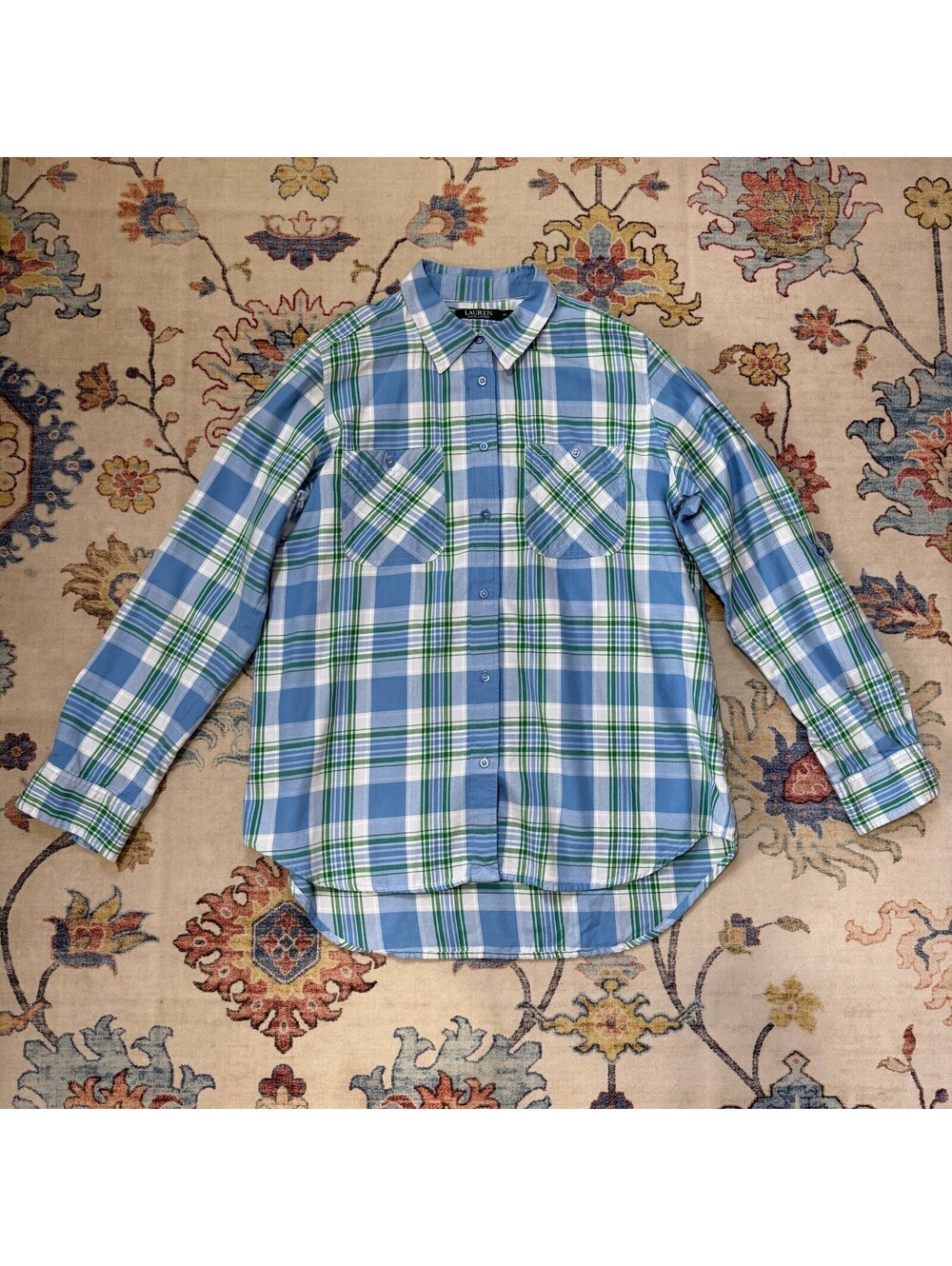 Lauren Ralph Lauren Women XL Plaid Button Up Shirt Blue Green Cotton